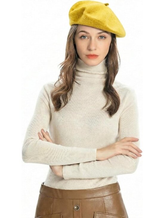 Women\'s Wool French Beret Hat Comfortable Solid Color Beret Cap Basic Yellow